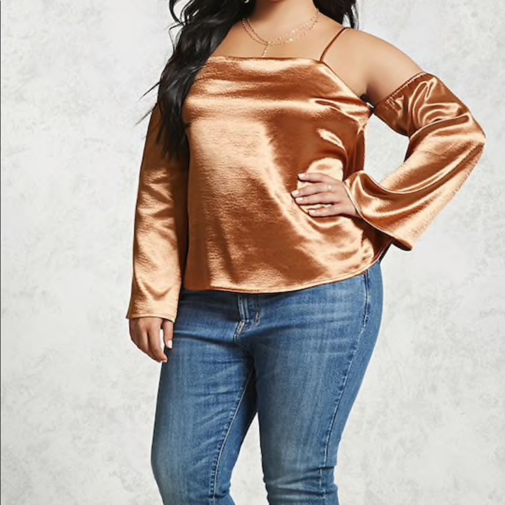 Plus size open shoulder satin top